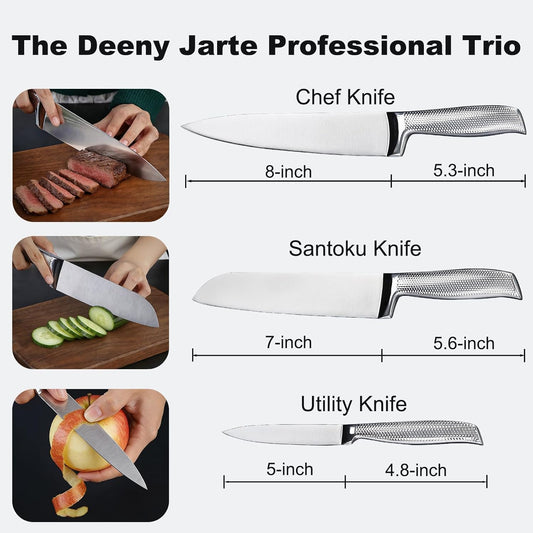 3-Piece Chef Knife Set, High-Carbon Stainless Steel, Full Tang | 8" Chef, 7" Santoku, 5" Utility, razor-sharp 5Cr15MoV Stainless Steel, non-slip handle, gift-ready for home kitchen & chefs