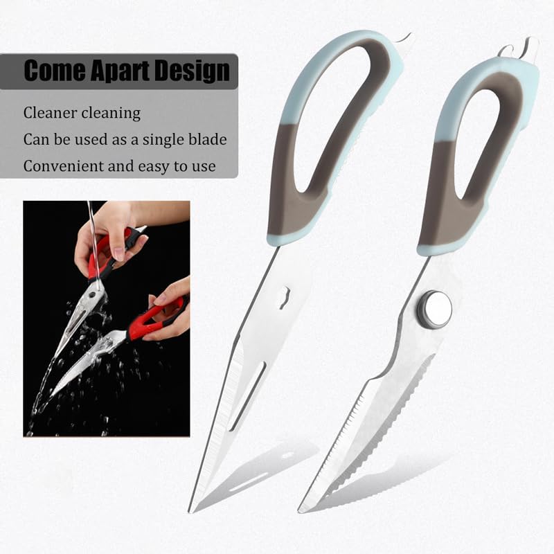 2 Pcs Heavy Duty Kitchen Shears for Food, Come Apart Design, Kitchen Scissors with Magnetic Holder, Stainless Steel Multi-function Food Cooking Magnetic Scissors for Fridge (White and Blue)
