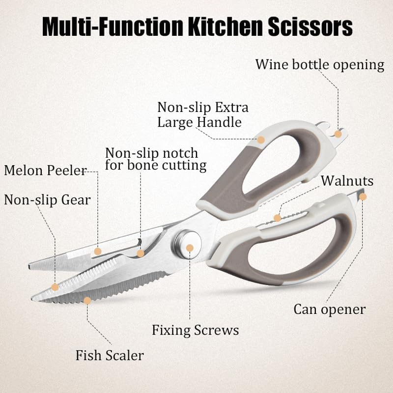 2 Pcs Heavy Duty Kitchen Shears for Food, Come Apart Design, Kitchen Scissors with Magnetic Holder, Stainless Steel Multi-function Food Cooking Magnetic Scissors for Fridge (White and Blue)