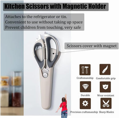 2 Pcs Heavy Duty Kitchen Shears for Food, Come Apart Design, Kitchen Scissors with Magnetic Holder, Stainless Steel Multi-function Food Cooking Magnetic Scissors for Fridge (White and Blue)