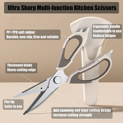 2 Pcs Heavy Duty Kitchen Shears for Food, Come Apart Design, Kitchen Scissors with Magnetic Holder, Stainless Steel Multi-function Food Cooking Magnetic Scissors for Fridge (White and Blue)
