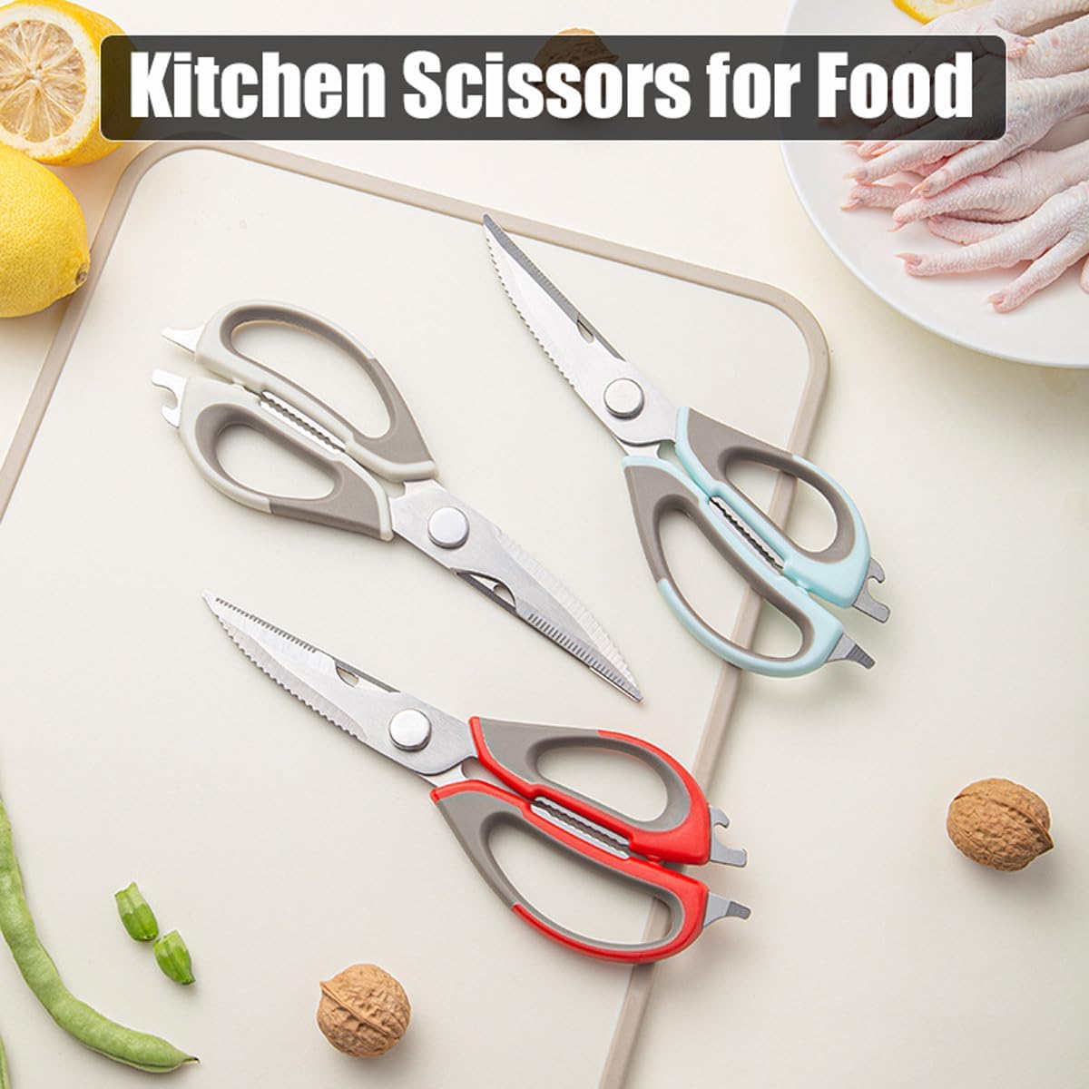 2 Pcs Heavy Duty Kitchen Shears for Food, Come Apart Design, Kitchen Scissors with Magnetic Holder, Stainless Steel Multi-function Food Cooking Magnetic Scissors for Fridge (White and Blue)