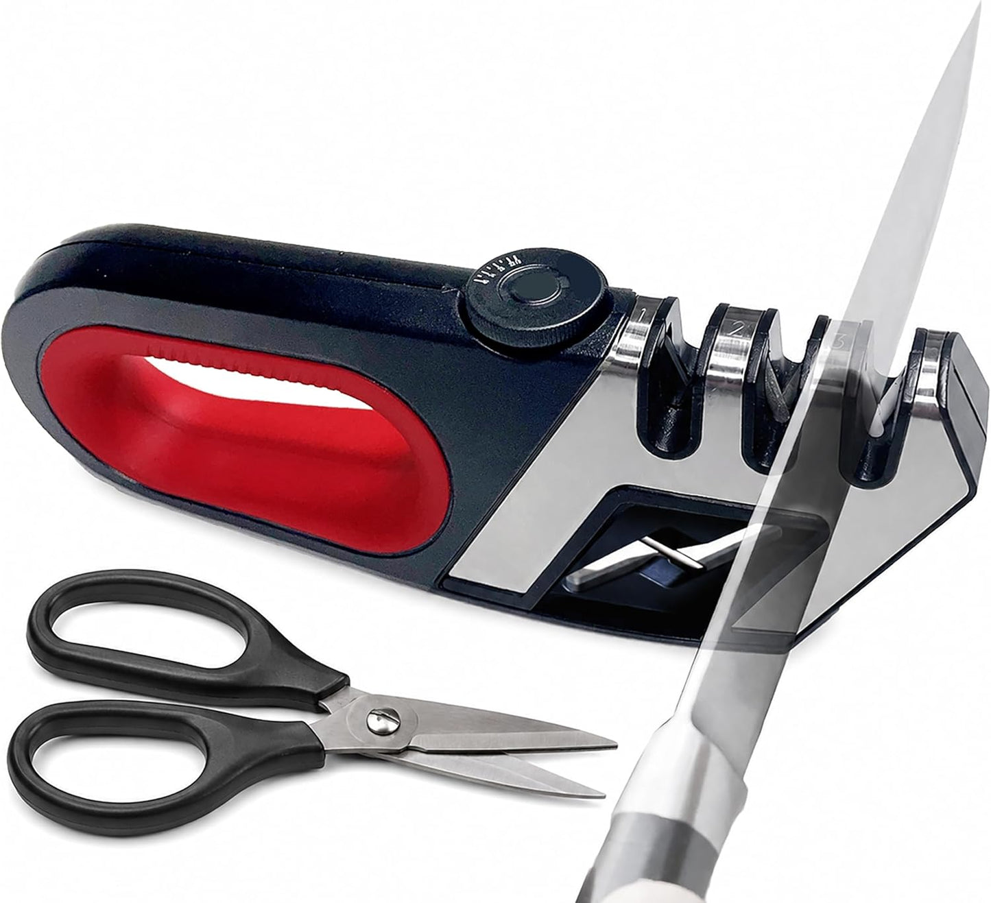 Knife Sharpener for Kitchen Knives - Adjustable Angle Manual Sharpener | 3-Stage Sharpening System for Knives & Scissors, Adjustable Angle Control, Ergonomic Handle & Non-Slip Base