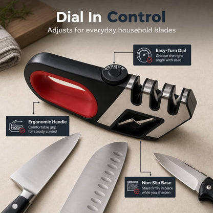 Knife Sharpener for Kitchen Knives - Adjustable Angle Manual Sharpener | 3-Stage Sharpening System for Knives & Scissors, Adjustable Angle Control, Ergonomic Handle & Non-Slip Base