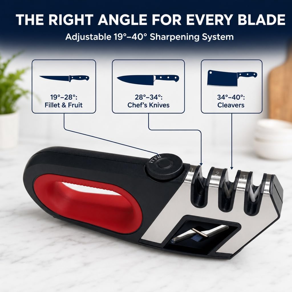 Knife Sharpener for Kitchen Knives - Adjustable Angle Manual Sharpener | 3-Stage Sharpening System for Knives & Scissors, Adjustable Angle Control, Ergonomic Handle & Non-Slip Base