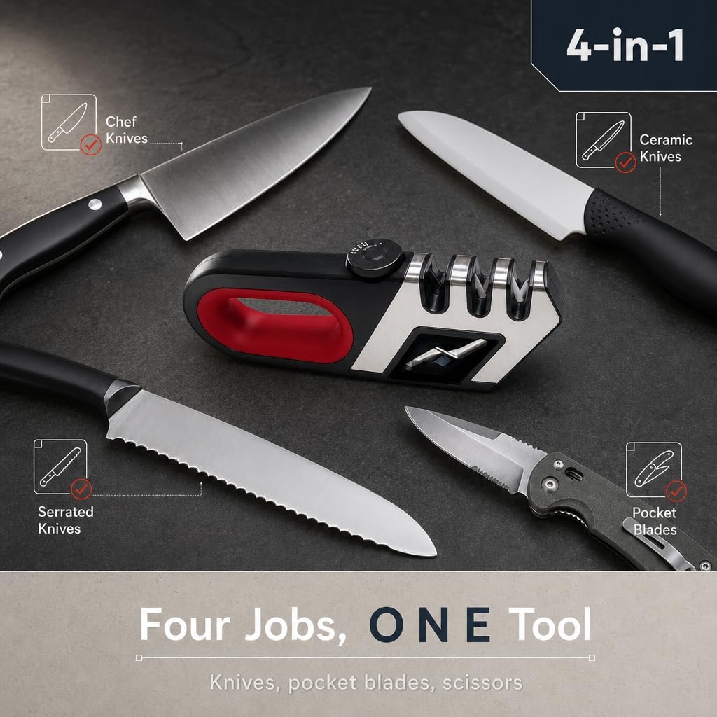 Knife Sharpener for Kitchen Knives - Adjustable Angle Manual Sharpener | 3-Stage Sharpening System for Knives & Scissors, Adjustable Angle Control, Ergonomic Handle & Non-Slip Base