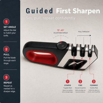 Knife Sharpener for Kitchen Knives - Adjustable Angle Manual Sharpener | 3-Stage Sharpening System for Knives & Scissors, Adjustable Angle Control, Ergonomic Handle & Non-Slip Base