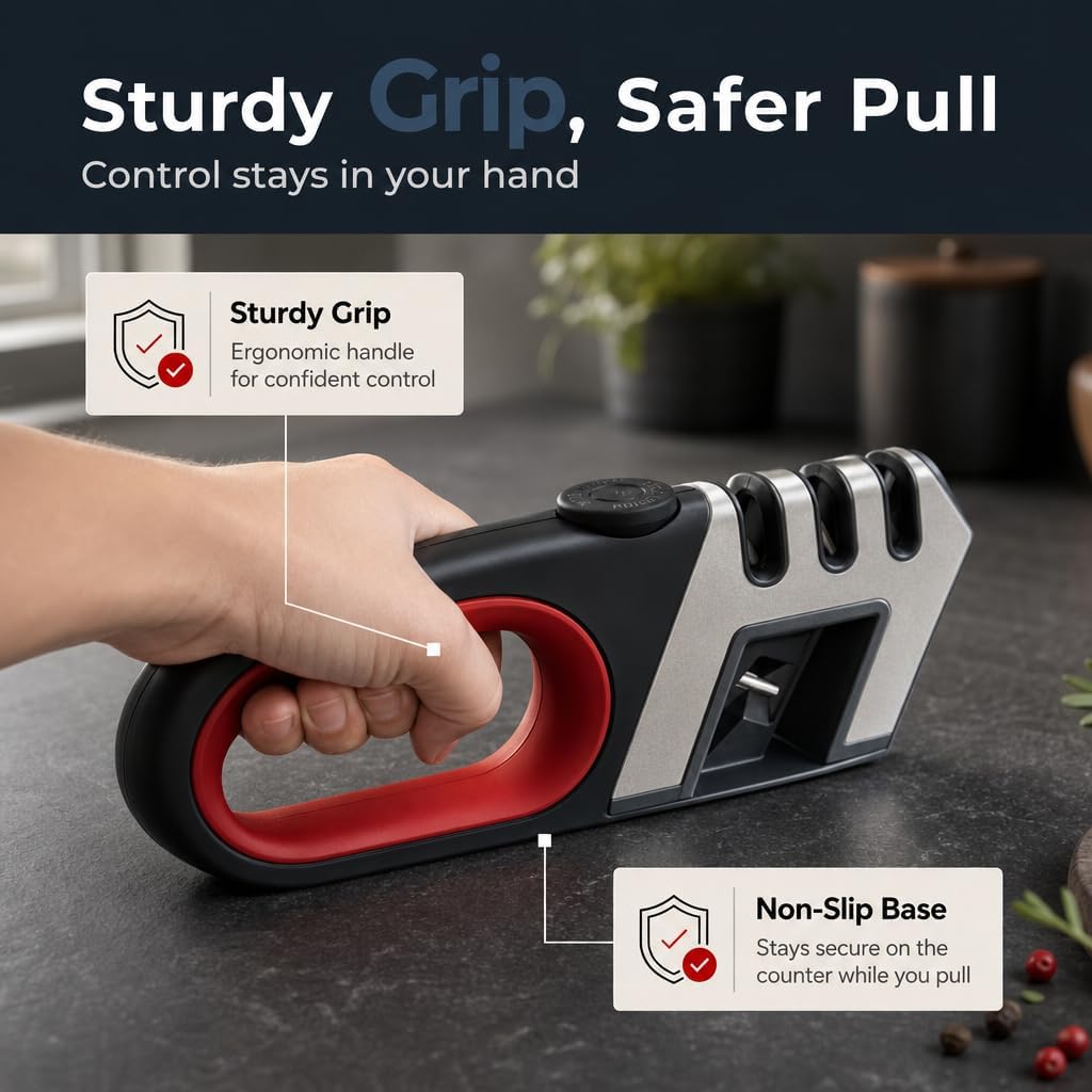 Knife Sharpener for Kitchen Knives - Adjustable Angle Manual Sharpener | 3-Stage Sharpening System for Knives & Scissors, Adjustable Angle Control, Ergonomic Handle & Non-Slip Base