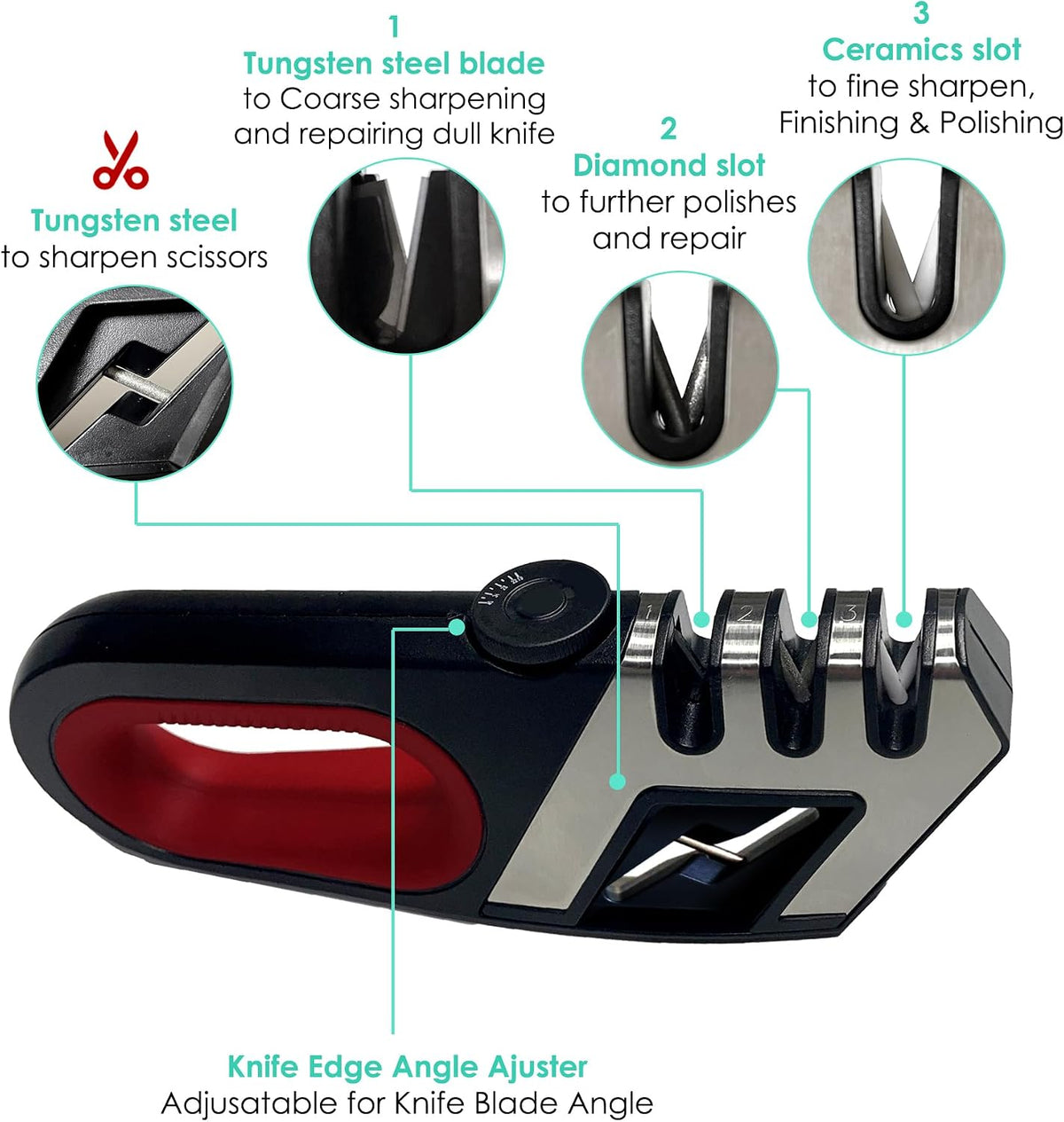Knife Sharpener for Kitchen Knives - Adjustable Angle Manual Sharpener | 3-Stage Sharpening System for Knives & Scissors, Adjustable Angle Control, Ergonomic Handle & Non-Slip Base