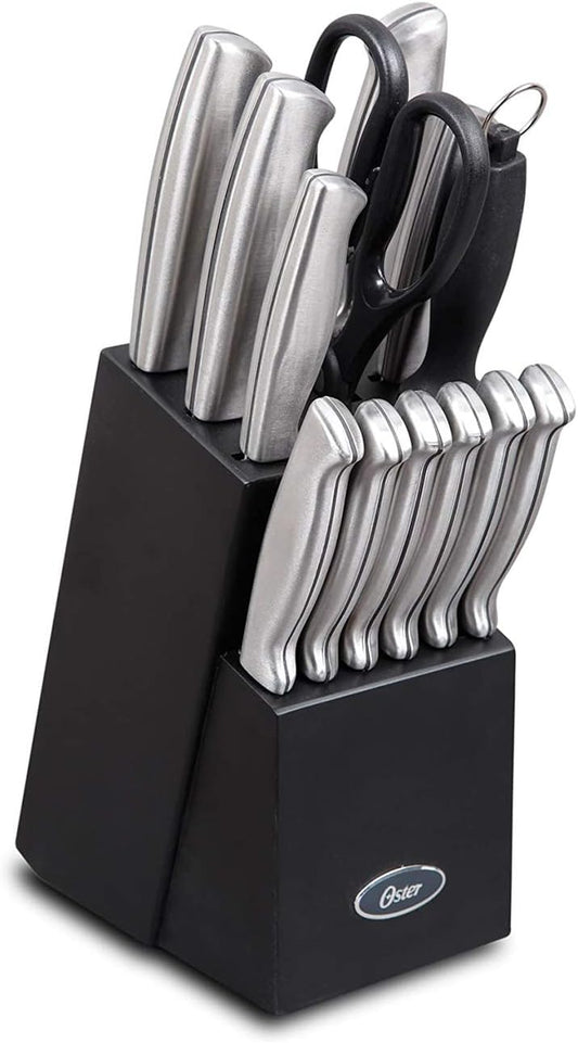 Baldwyn 14 Piece Stainless Steel Cutting Kitchen Knife Cutlery Set with Swivel Block Holder and Knife Sharpener, Brushed Satin