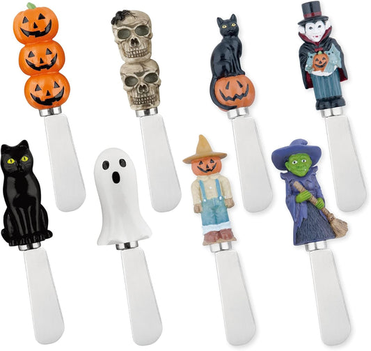 Cheese and Butter Spreader Knives Halloween Decor 8-Piece Hand Painted Resin Handle with Stainless Steel Blade Multipurpose Cheese Spreader set (Halloween Set)