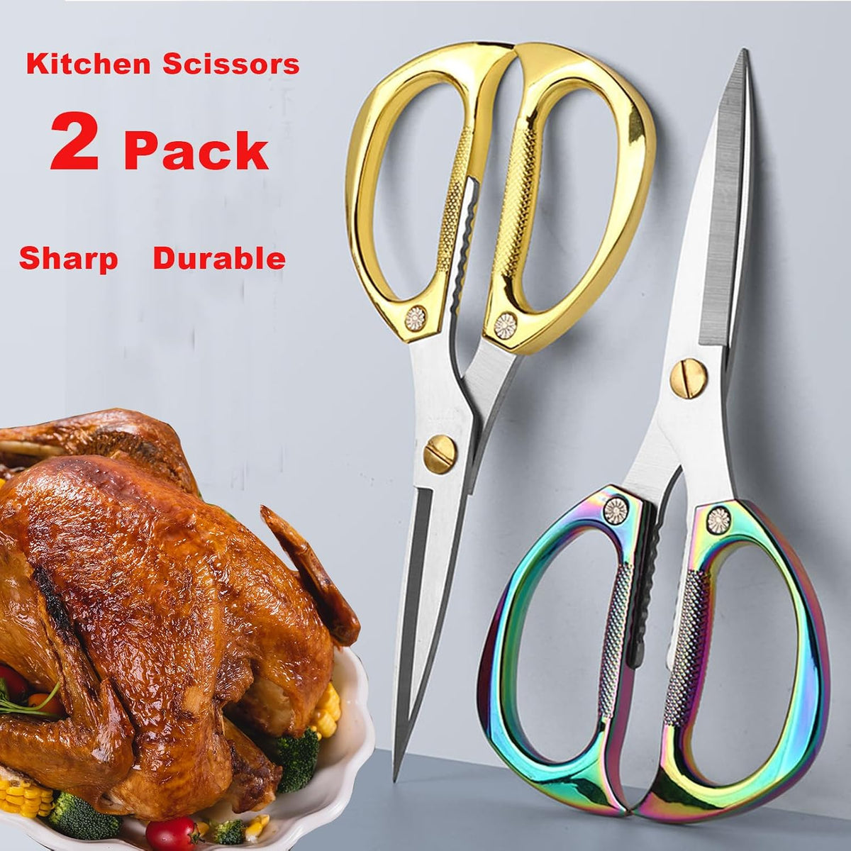 Stainless Steel Kitchen Shears - 2-Pack Heavy Duty All-Purpose Meat Scissors for Poultry, Cooking & Food Preparation
