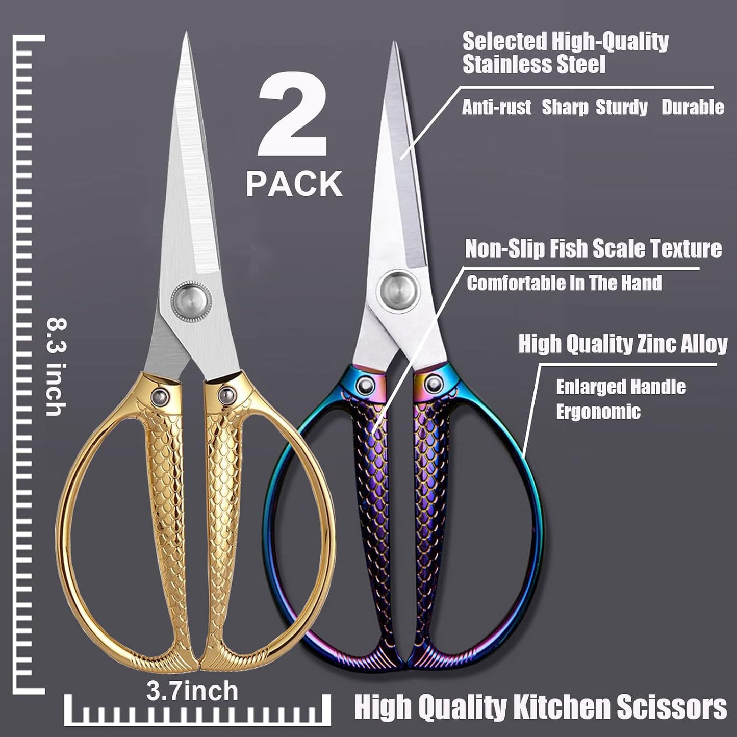 Stainless Steel Kitchen Shears - 2-Pack Heavy Duty All-Purpose Meat Scissors for Poultry, Cooking & Food Preparation