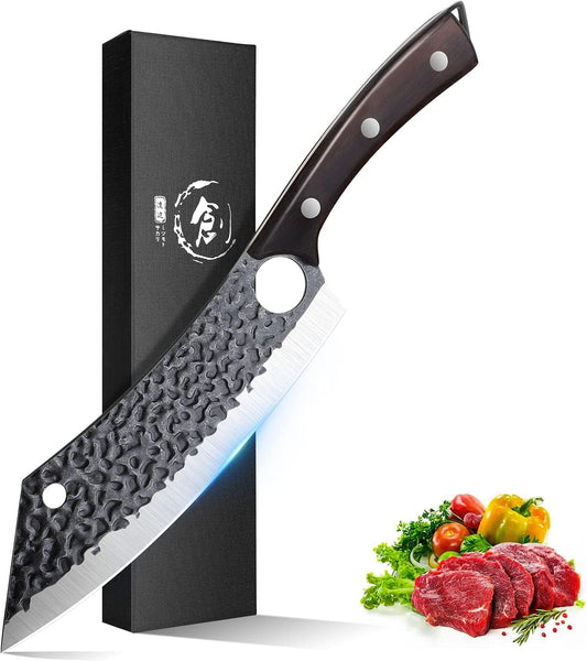 Kitchen Knife 8 Inch Ultra Sharp Japanese Butcher Knife | Hand Forged Blade, Ergonomic Wooden Handle, Gift Box, Finger Hole, for Meat Cleaver Vegetable Cutting