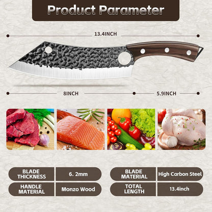 Kitchen Knife 8 Inch Ultra Sharp Japanese Butcher Knife | Hand Forged Blade, Ergonomic Wooden Handle, Gift Box, Finger Hole, for Meat Cleaver Vegetable Cutting