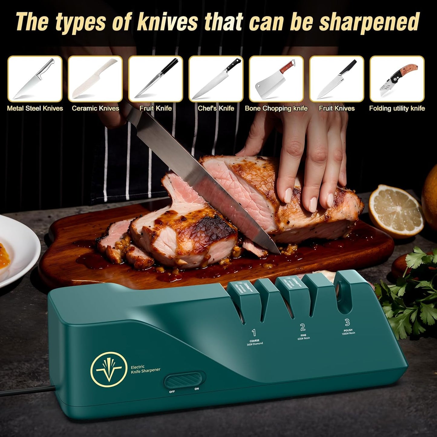 Knife Sharpener, Electric, Diamond Abrasives | Stainless Steel and Ceramic Knives, Dust Collection Box, Quick Sharpening, Polishing