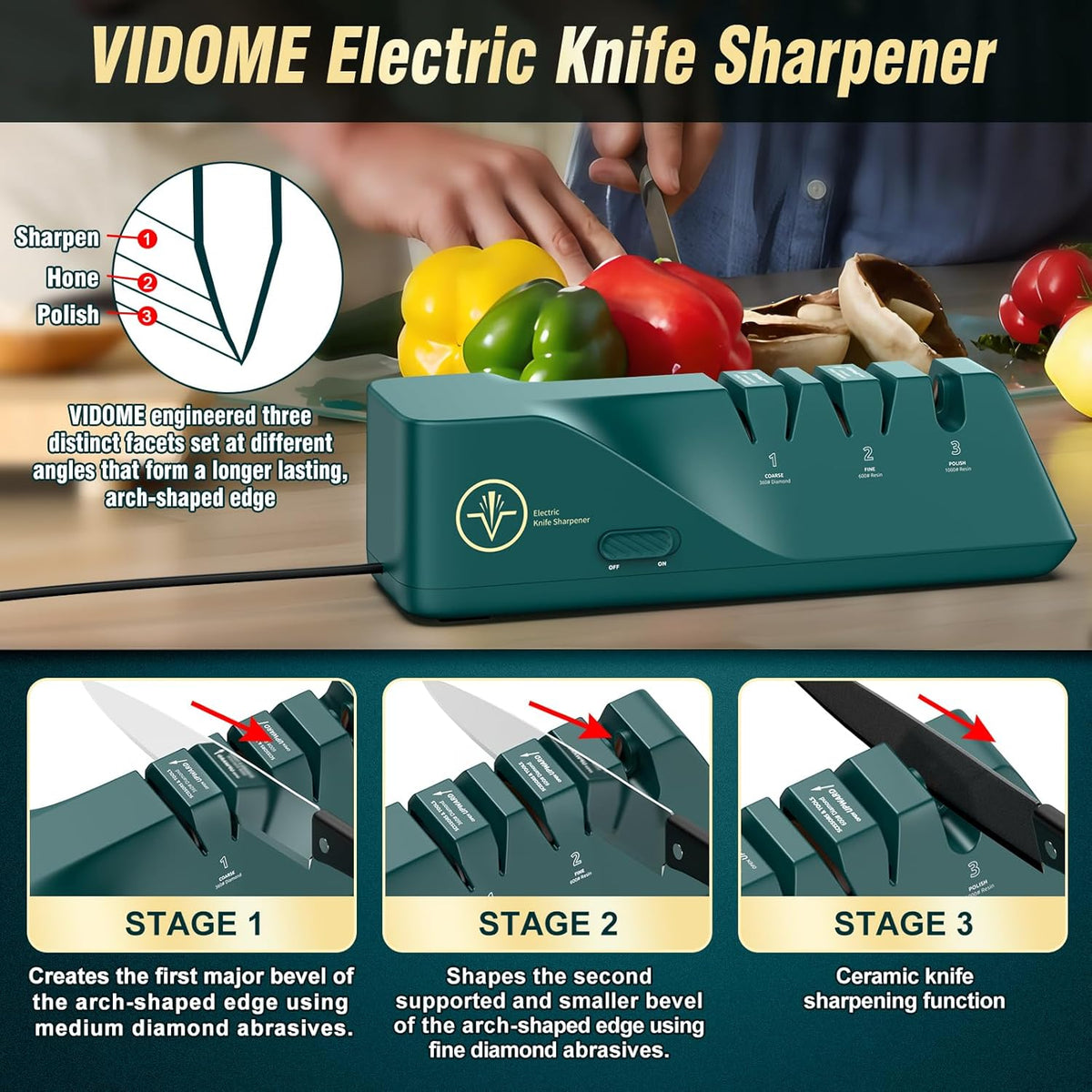 Knife Sharpener, Electric, Diamond Abrasives | Stainless Steel and Ceramic Knives, Dust Collection Box, Quick Sharpening, Polishing