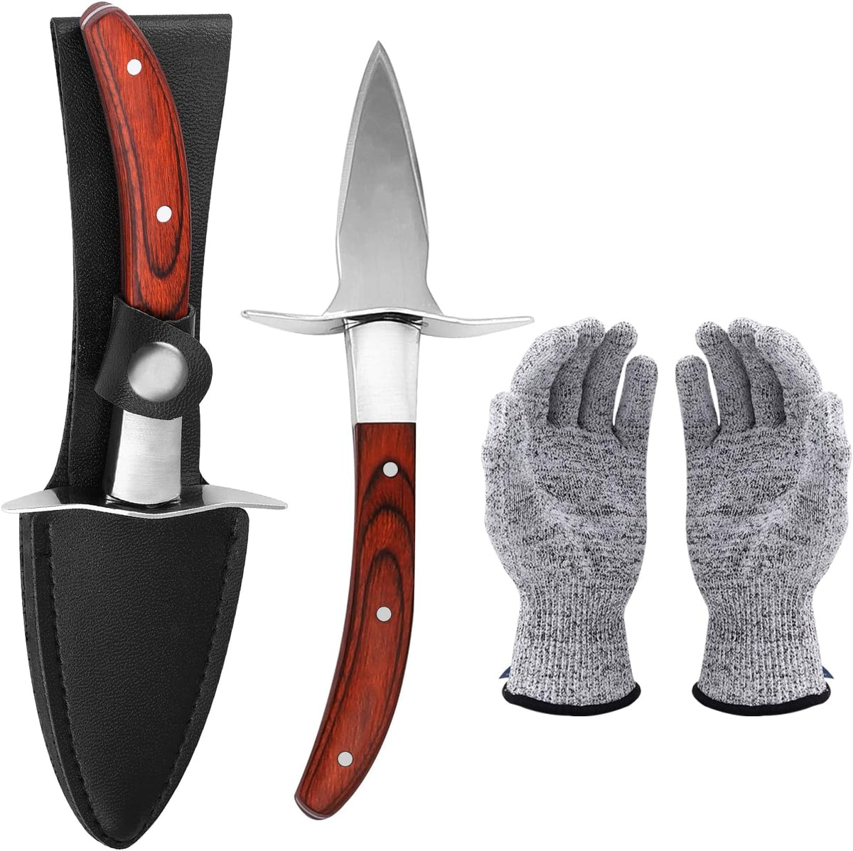 Oyster Shucking Knife Pakka Wood Handle Oyster Shucker Opener Tool with Full Tang Blade, 2Knives+ Leather Sheath+Cut Resistant Gloves