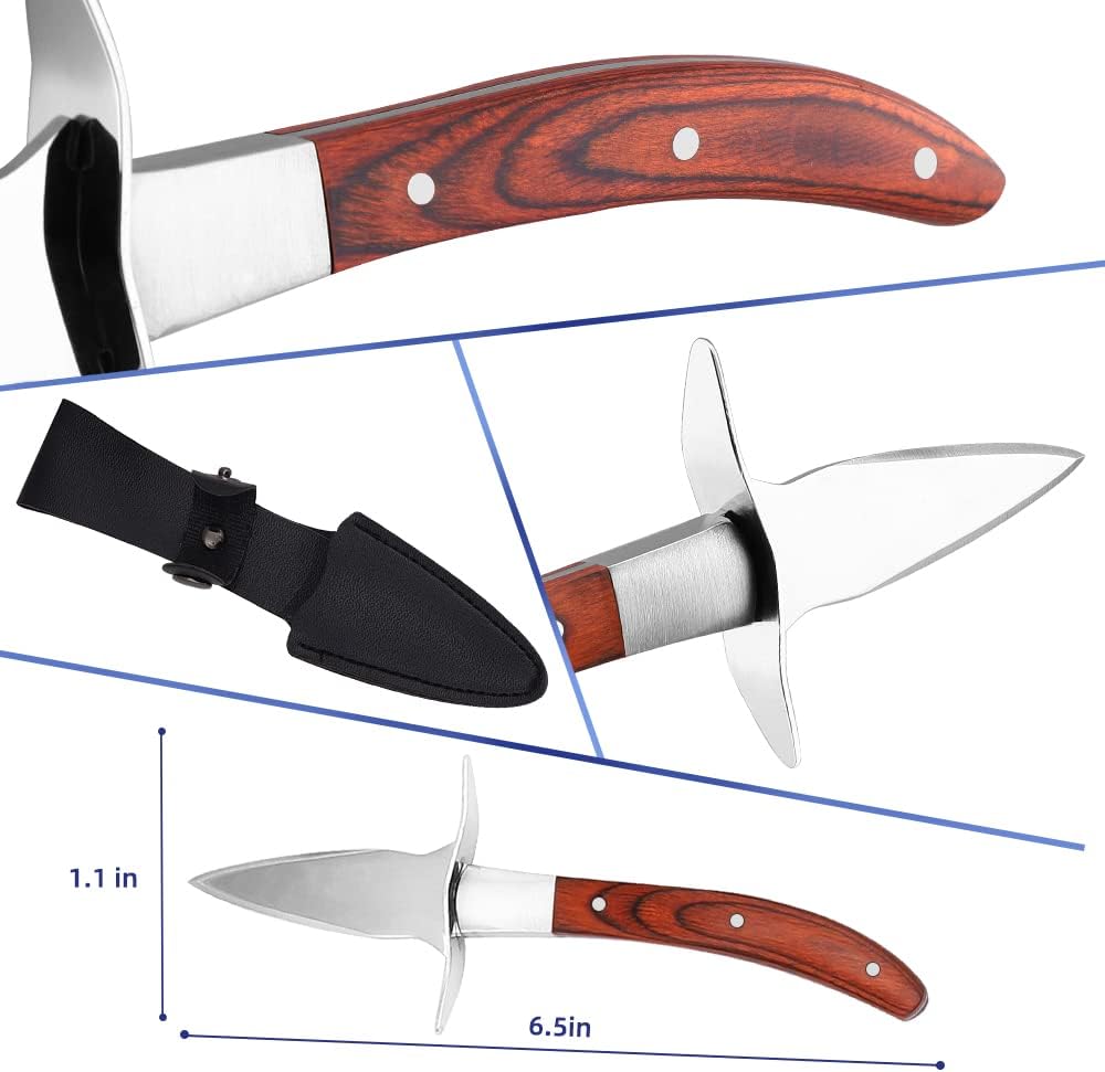 Oyster Shucking Knife Pakka Wood Handle Oyster Shucker Opener Tool with Full Tang Blade, 2Knives+ Leather Sheath+Cut Resistant Gloves