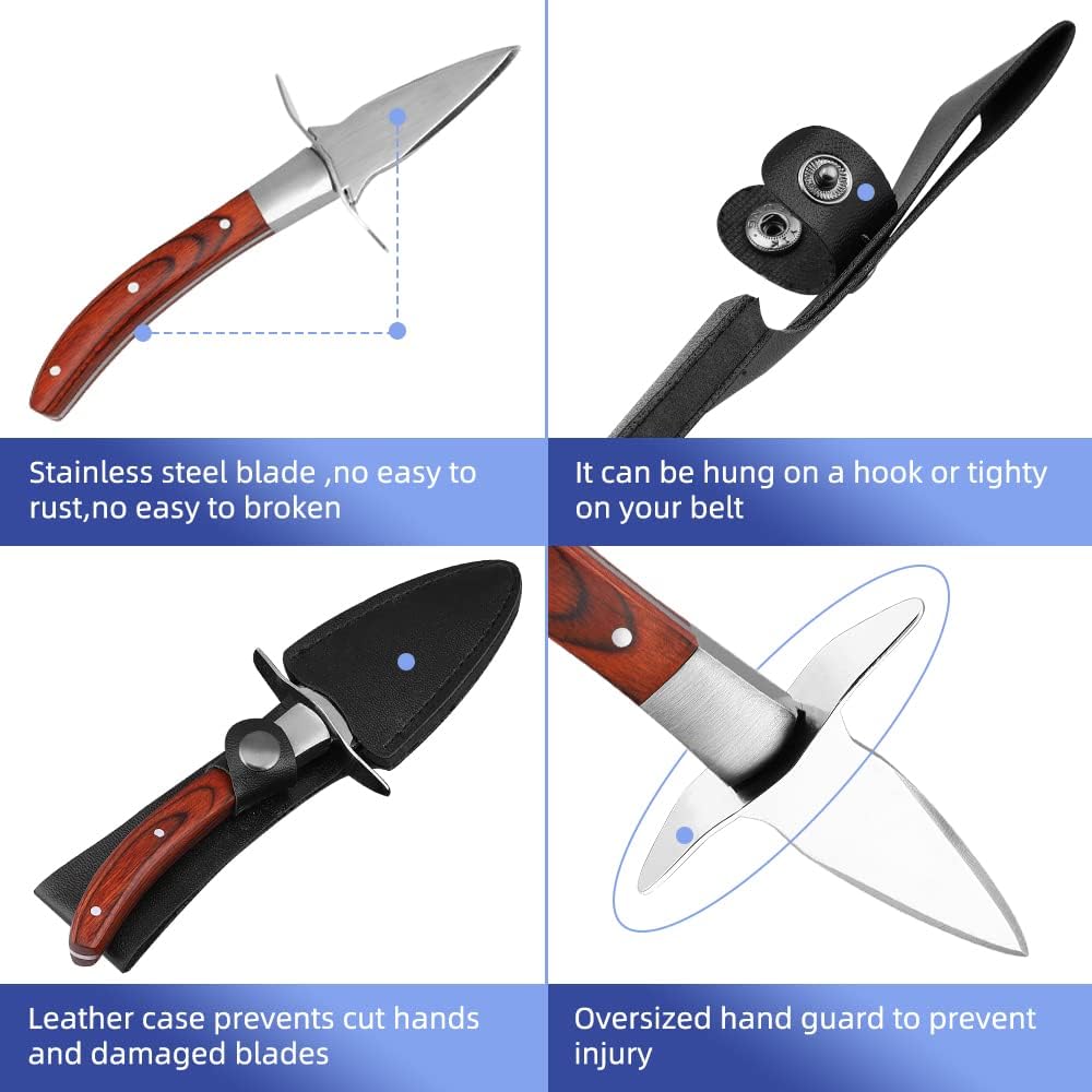 Oyster Shucking Knife Pakka Wood Handle Oyster Shucker Opener Tool with Full Tang Blade, 2Knives+ Leather Sheath+Cut Resistant Gloves