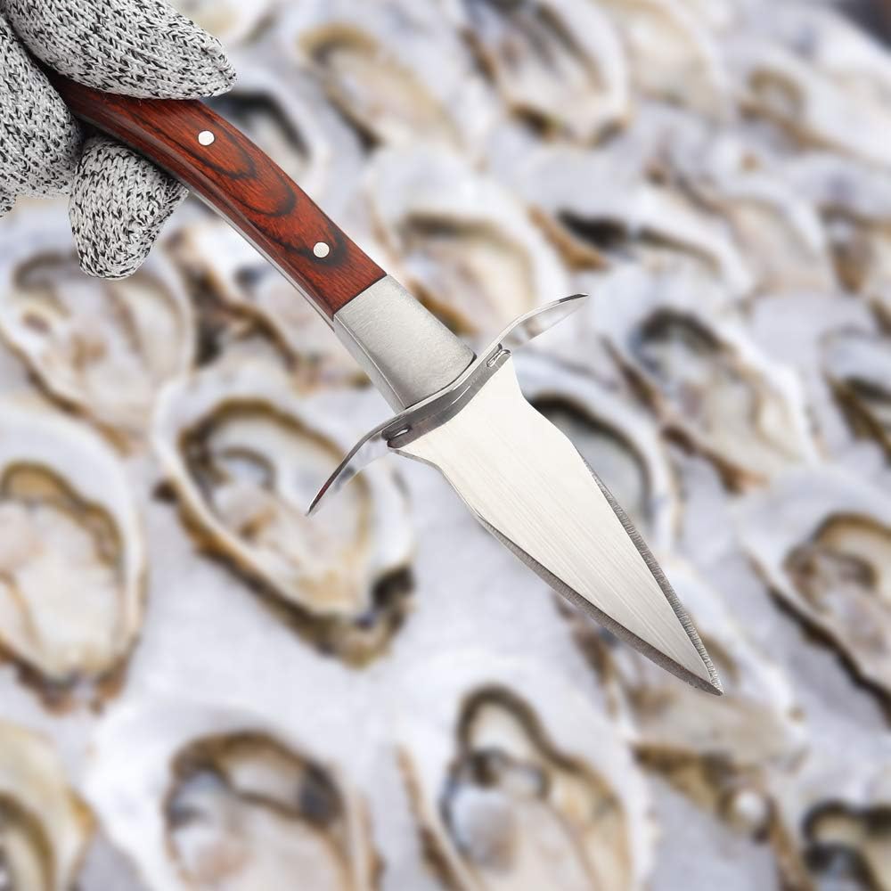 Oyster Shucking Knife Pakka Wood Handle Oyster Shucker Opener Tool with Full Tang Blade, 2Knives+ Leather Sheath+Cut Resistant Gloves