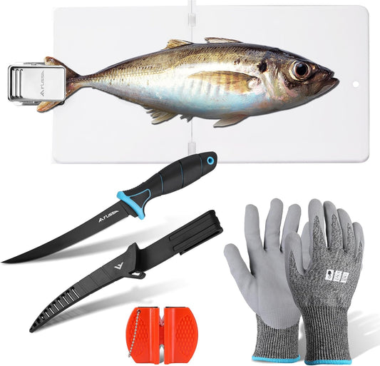 4-Piece Fish Fillet Set, Cleaning Kit | 7" Fillet Knife, ANSI A7 Cut Resistant Gloves, Foldable Fish Board with Clamp, Knife Sharpener, for Easy Cleaning, Cutting