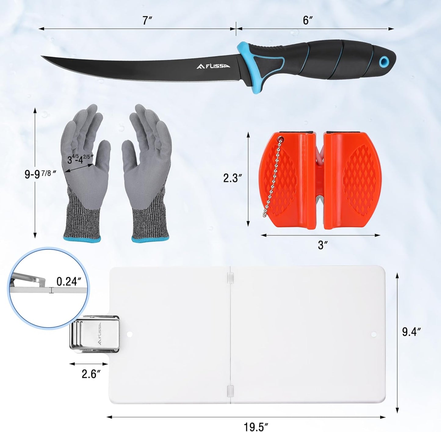 4-Piece Fish Fillet Set, Cleaning Kit | 7" Fillet Knife, ANSI A7 Cut Resistant Gloves, Foldable Fish Board with Clamp, Knife Sharpener, for Easy Cleaning, Cutting