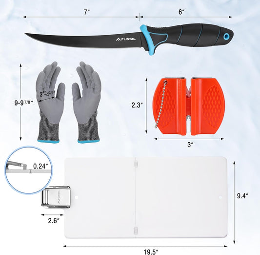 4-Piece Fish Fillet Set, Cleaning Kit | 7" Fillet Knife, ANSI A7 Cut Resistant Gloves, Foldable Fish Board with Clamp, Knife Sharpener, for Easy Cleaning, Cutting