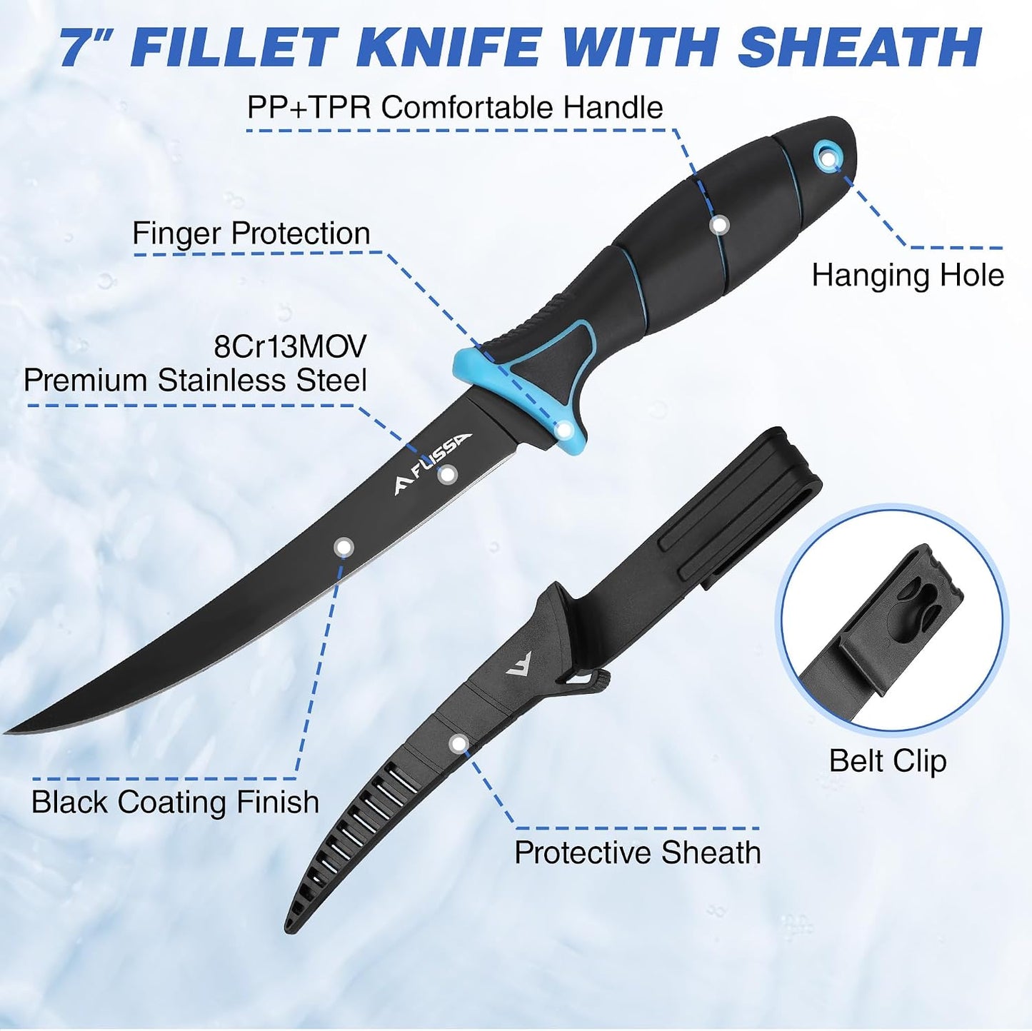 4-Piece Fish Fillet Set, Cleaning Kit | 7" Fillet Knife, ANSI A7 Cut Resistant Gloves, Foldable Fish Board with Clamp, Knife Sharpener, for Easy Cleaning, Cutting