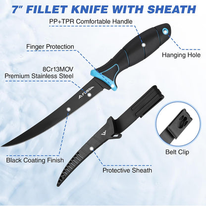 4-Piece Fish Fillet Set, Cleaning Kit | 7" Fillet Knife, ANSI A7 Cut Resistant Gloves, Foldable Fish Board with Clamp, Knife Sharpener, for Easy Cleaning, Cutting