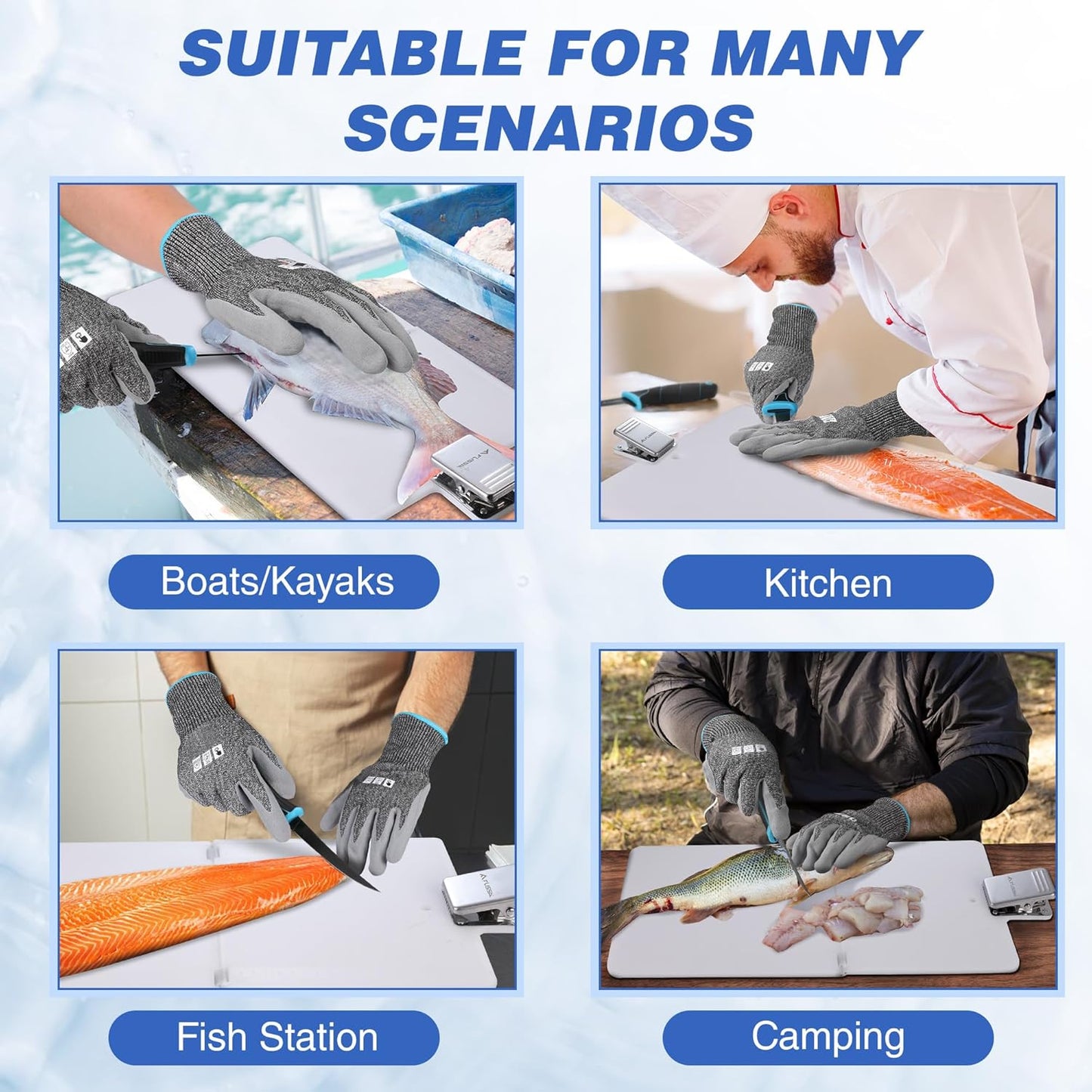 4-Piece Fish Fillet Set, Cleaning Kit | 7" Fillet Knife, ANSI A7 Cut Resistant Gloves, Foldable Fish Board with Clamp, Knife Sharpener, for Easy Cleaning, Cutting