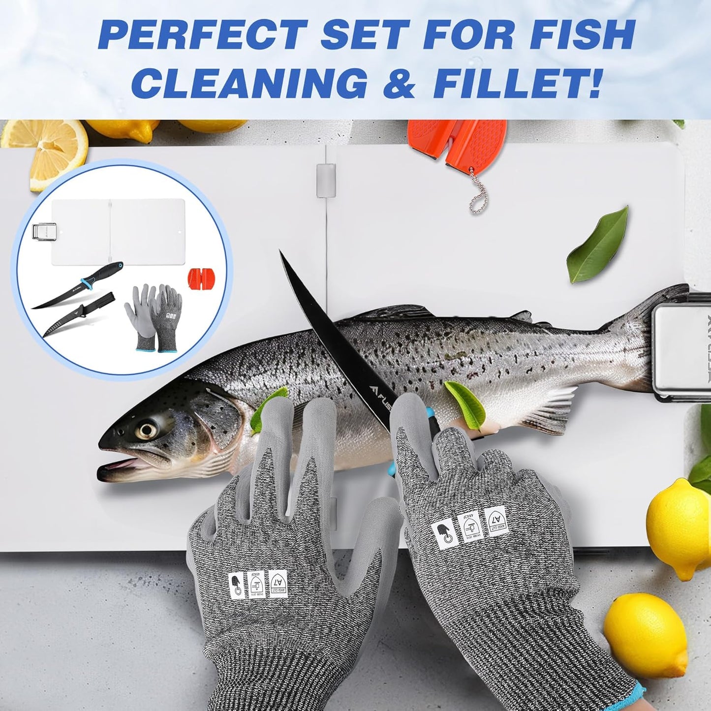 4-Piece Fish Fillet Set, Cleaning Kit | 7" Fillet Knife, ANSI A7 Cut Resistant Gloves, Foldable Fish Board with Clamp, Knife Sharpener, for Easy Cleaning, Cutting