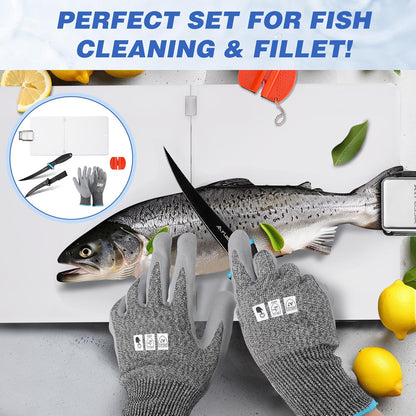 4-Piece Fish Fillet Set, Cleaning Kit | 7" Fillet Knife, ANSI A7 Cut Resistant Gloves, Foldable Fish Board with Clamp, Knife Sharpener, for Easy Cleaning, Cutting