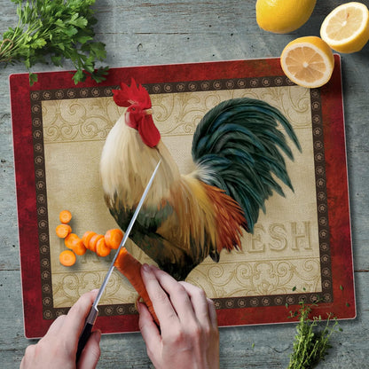 Farm Fresh Rooster 3mm Tempered Glass Cutting Board 15” x 12”