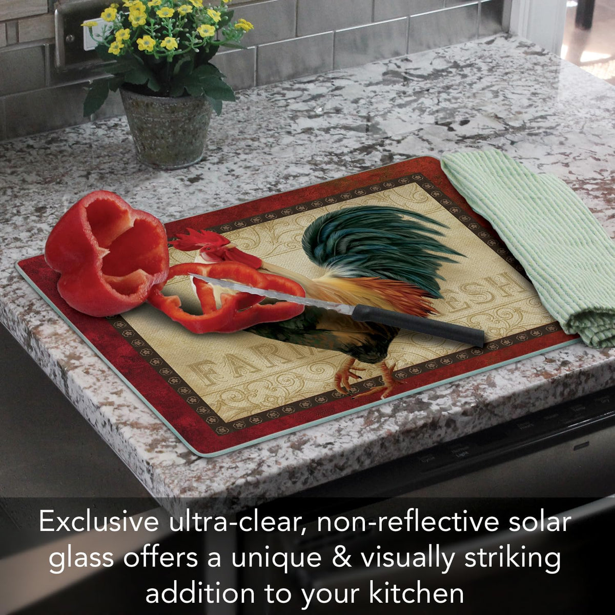 Farm Fresh Rooster 3mm Tempered Glass Cutting Board 15” x 12”