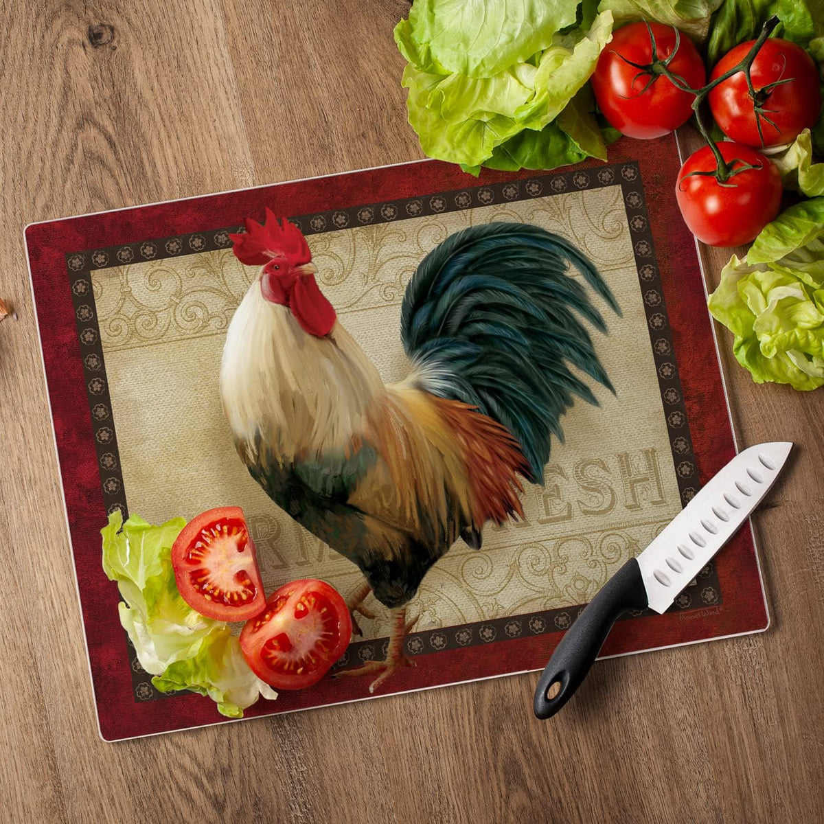 Farm Fresh Rooster 3mm Tempered Glass Cutting Board 15” x 12”