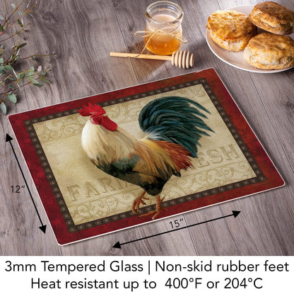 Farm Fresh Rooster 3mm Tempered Glass Cutting Board 15” x 12”