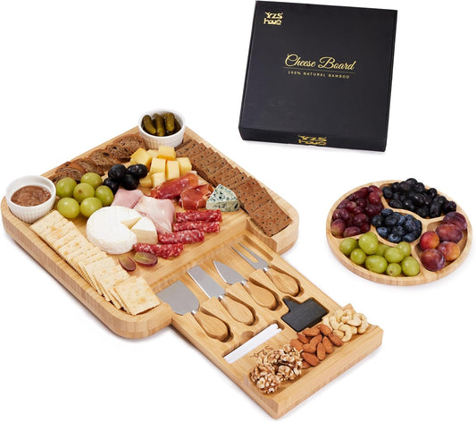 Premium Bamboo Charcuterie Board Set with Hidden Drawer & 4 Cheese Knives - 13x13 Large Cheese Board Serving Tray - Unique Housewarming Gifts for New Home, Wedding & Bridal Shower Gifts for Couples