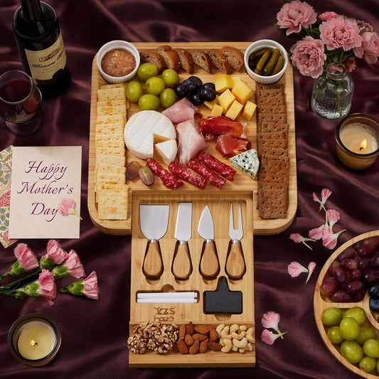 Premium Bamboo Charcuterie Board Set with Hidden Drawer & 4 Cheese Knives - 13x13 Large Cheese Board Serving Tray - Unique Housewarming Gifts for New Home, Wedding & Bridal Shower Gifts for Couples