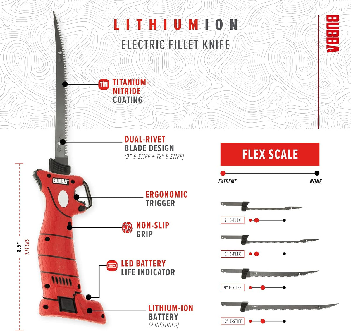 Li-Ion Cordless Electric Fillet Knife with Non-Slip Grip Handle, 4 Ti-Nitride S.S. Coated Non-Stick Reciprocating Blades, Charger and Case for Fishing