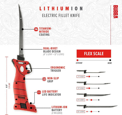 Li-Ion Cordless Electric Fillet Knife with Non-Slip Grip Handle, 4 Ti-Nitride S.S. Coated Non-Stick Reciprocating Blades, Charger and Case for Fishing