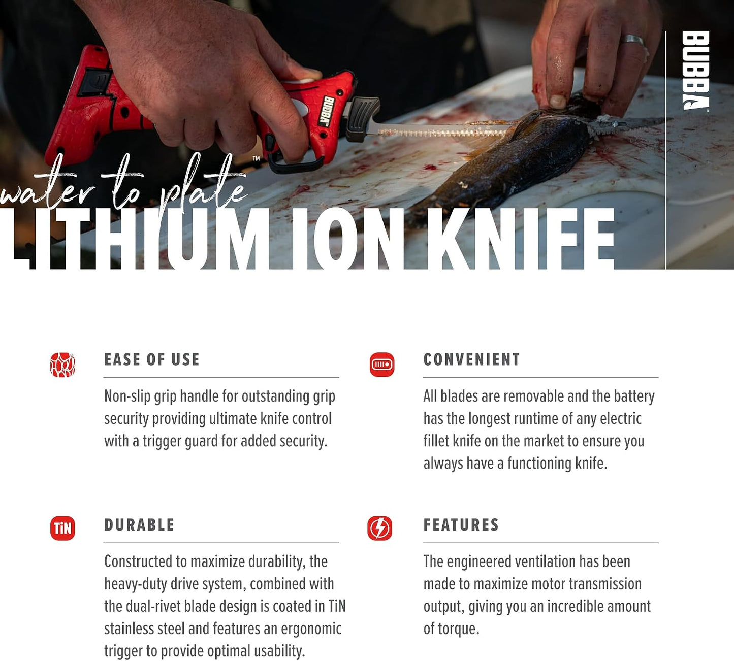 Li-Ion Cordless Electric Fillet Knife with Non-Slip Grip Handle, 4 Ti-Nitride S.S. Coated Non-Stick Reciprocating Blades, Charger and Case for Fishing