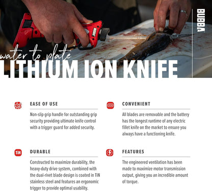 Li-Ion Cordless Electric Fillet Knife with Non-Slip Grip Handle, 4 Ti-Nitride S.S. Coated Non-Stick Reciprocating Blades, Charger and Case for Fishing