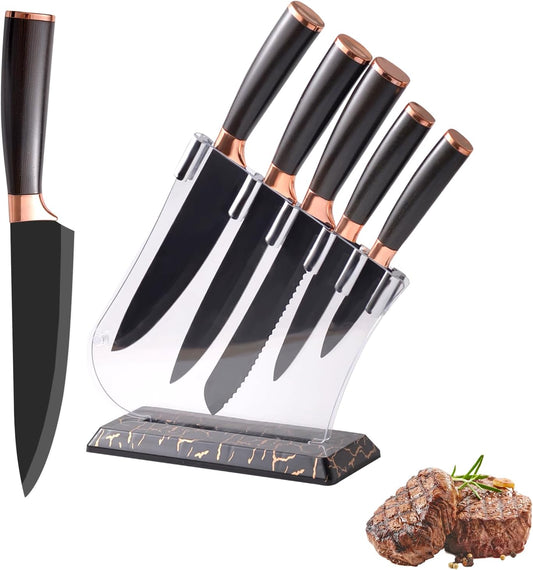 Kitchen Knife Set with Acrylic Block,6 PCS High Carbon Stainless Steel Sharp with Non-Stick Coating - Chef, Bread, Carving, Utility, Paring Knives,Comfort Grip Handles