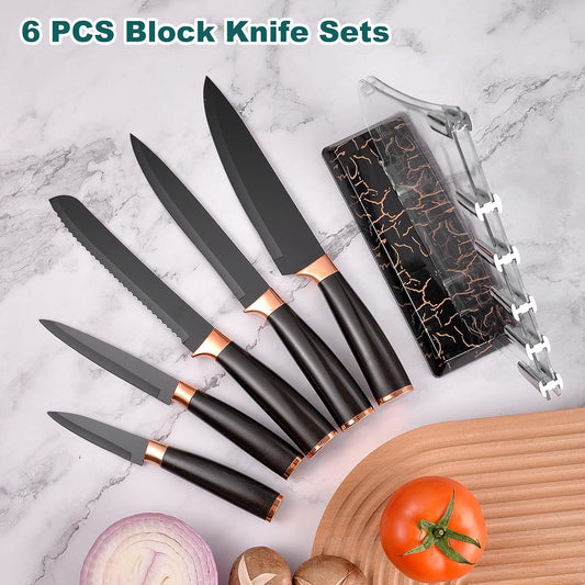 Kitchen Knife Set with Acrylic Block,6 PCS High Carbon Stainless Steel Sharp with Non-Stick Coating - Chef, Bread, Carving, Utility, Paring Knives,Comfort Grip Handles