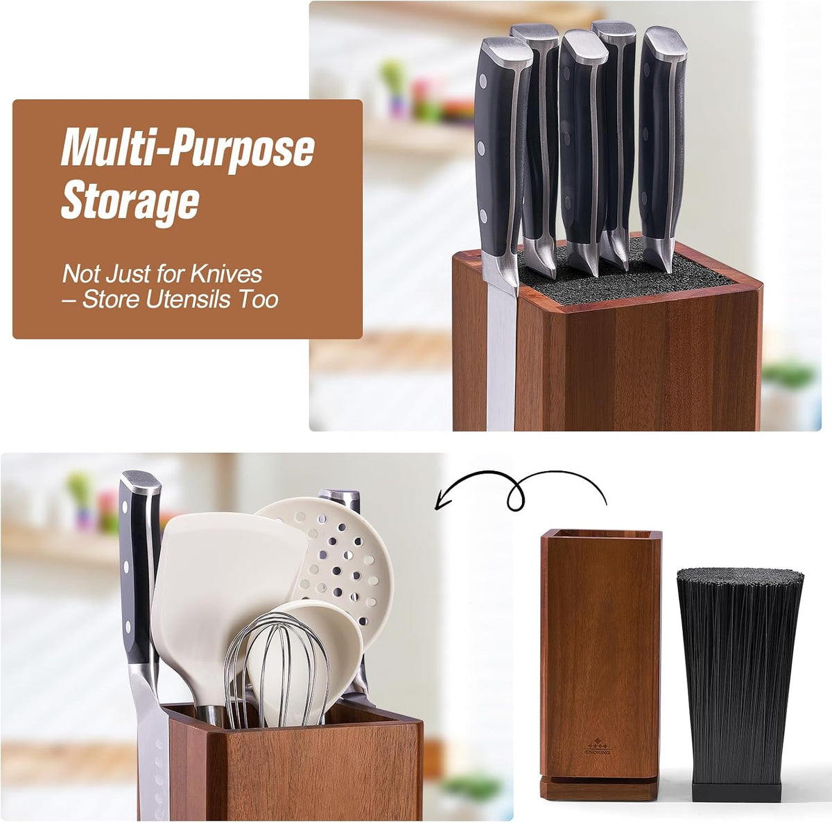 Universal Knife Block Without Knives, Acacia Wood Countertop Knife Holder