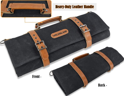 14-Pocket Leather Knife Roll - Canvas Design, Chef Knife Holders, Knife Roll Bag for Pocket Knives