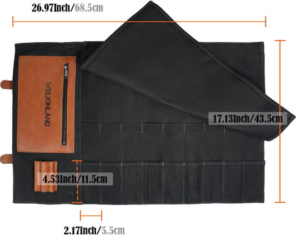 14-Pocket Leather Knife Roll - Canvas Design, Chef Knife Holders, Knife Roll Bag for Pocket Knives