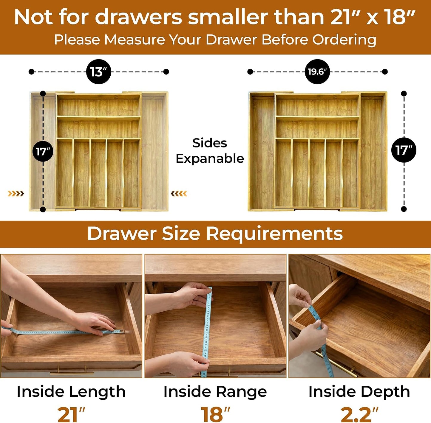 Bamboo Drawer Organizer | Expandable Silverware & Utensil Organizer for Kitchen | Flatware Cutlery Tray with Adjustable Dividers | Wooden Drawer for Knives, Spoons & Forks | Natural Bamboo