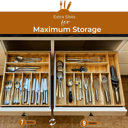 Bamboo Drawer Organizer | Expandable Silverware & Utensil Organizer for Kitchen | Flatware Cutlery Tray with Adjustable Dividers | Wooden Drawer for Knives, Spoons & Forks | Natural Bamboo
